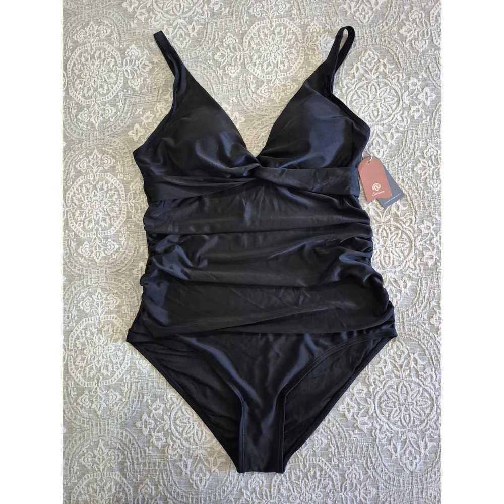 Smismivo Black Ruched Tummy Control One Piece Swimsuit XL New‎